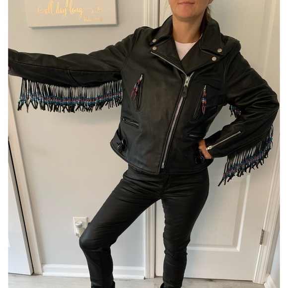 Vintage Black Leather Racer Motorcycle Lined Jacket‎ tassels beaded customized - Picture 3 of 16